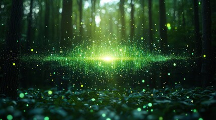 Aufkleber - A lush forest scene illuminated by green light, featuring sparkling particles, creating a magical and enchanting atmosphere.