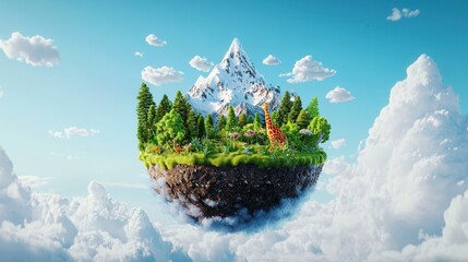 Poster - A vibrant, floating island features lush greenery, a towering mountain, and fluffy clouds against a bright blue sky.
