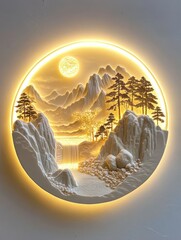 Wall Mural - Serene Illuminated Mountain Landscape: A 3D Carved Wall Art