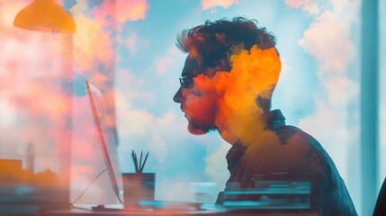 Poster - Man Studying on Computer in Creative Double Exposure Scene
