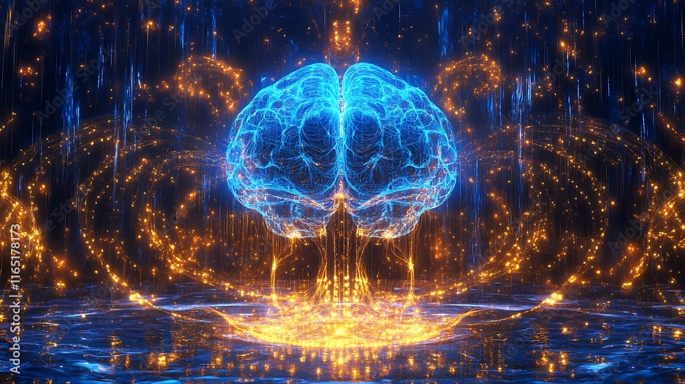 Illuminated brain visualization digital space abstract art futuristic environment close-up view neural patterns