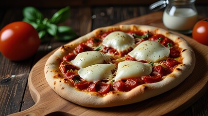 Wall Mural - Delicious pizza with mozzarella on a board