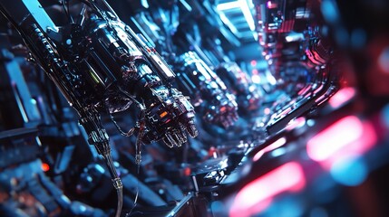 Poster - close-up view of automated robotic assembly line in factory setting