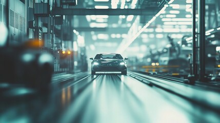 Poster - car in industrial factory with assembly lines and machinery background