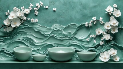 Poster - Serene arrangement of bowls and floral decor on a wall.
