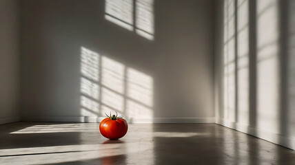 Wall Mural - A tomato-shaped lamp casts a shadow in a white-walled room, creating a striking visual contrast in this stock photo
