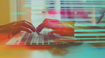 Poster - Double Exposure of Hands Typing in Modern Home Office Setting