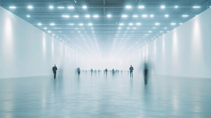 Wall Mural - Blurred Individuals in Expansive Expo Hall with Soft Lighting