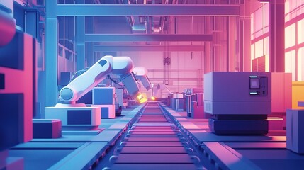 Poster - advanced high-tech assembly line with robotic arms in action