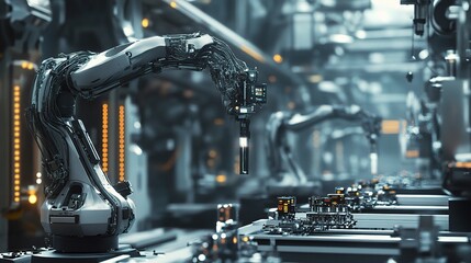 Poster - close-up of an automated robotic assembly line in a factory setting