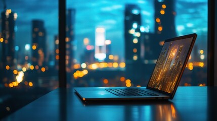 Poster - Contemporary Business Workspace with Sleek Laptop and City View