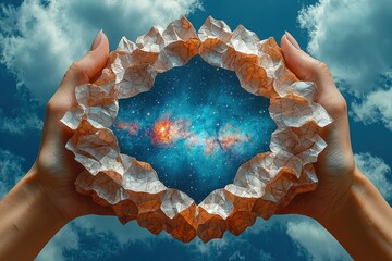Poster - Exploring cosmic realms hands unfolding a galaxy outdoors digital art sky background surreal interpretation