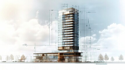 Poster - Detailed Blueprint Design of a Modern Skyscraper with Measurements