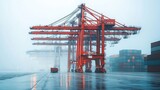 Rainy day at a container port with large red cranes and cargo containers.