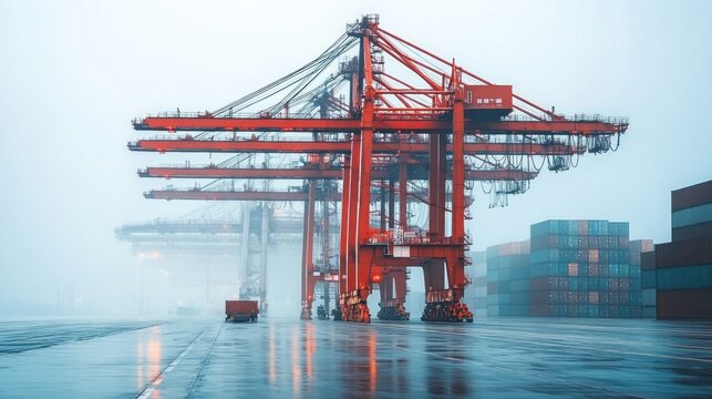 Rainy day at a container port with large red cranes and cargo containers.