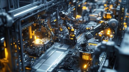 Poster - aerial view of high-tech industrial factory with robotic arms