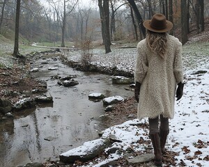 Poster - Woman in a cream coat stands by a snowy stream in a forest.