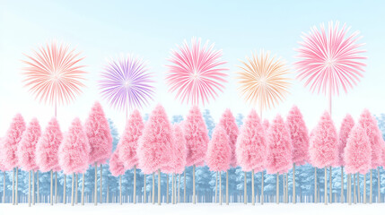 Wall Mural - Pastel Fireworks over Pink Winter Forest: Celebratory Display Illuminates Dreamlike Landscape Festively