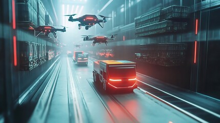 Poster - Futuristic Transportation Logistics Concept with Drones and Trucks