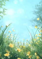 Canvas Print - A beautiful meadow with grass and yellow flowers, spring background