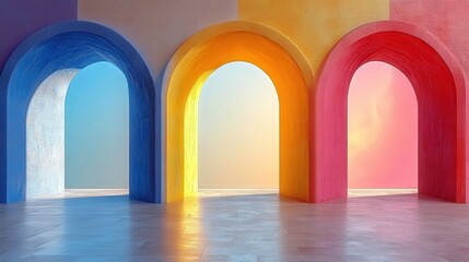 Poster - Colorful Arched Doorways Creating a Vibrant and Inviting Space with Soft Light Casting Shadows on the Floor in a Modern Interior Setting