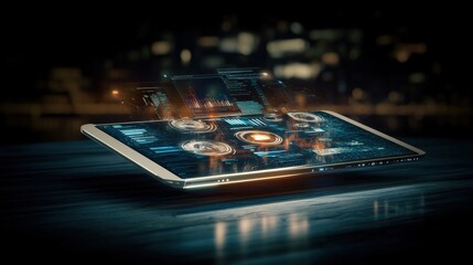 Poster - Futuristic Tablet Displaying High-Tech Data Visualizations and Analytical Graphs in a Modern Urban Nighttime Environment with Dynamic Elements