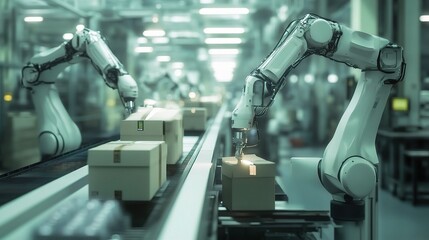 Poster - automated robotic arms in factory packaging line process