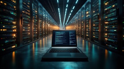 Poster - A Glowing Laptop with Code on Screen Surrounded by Rows of Data Servers in a High-Tech Server Room, Showcasing Advanced Technology and Connectivity