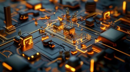 Poster - Close-Up View of a Futuristic Circuit Board with Glowing Neon Elements and Intricate Details, Perfect for Technology and Digital Concepts Representation