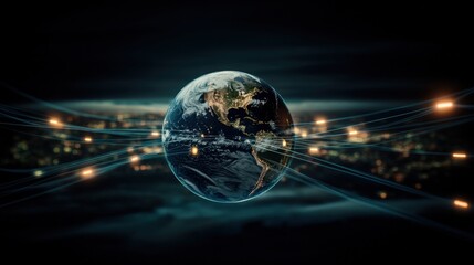 Fototapete - Stunning Depiction of Earth Surrounded by Light Trails Emphasizing Global Connectivity with City Lights in the Background at Night
