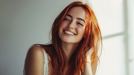 Wall Mural - Joyful Young Woman Smiling Brightly at Home Radiating Happiness