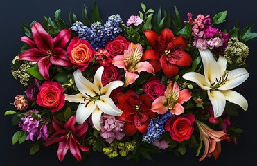 Sticker - A dark floral arrangement of various colorful spring flowers