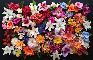 Sticker - A dark floral arrangement of various colorful spring flowers