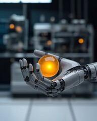 Poster - Robotic hand holding a glowing sphere futuristic laboratory technology high-tech environment close-up view innovation concept