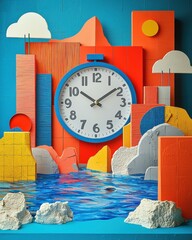 Poster - Artistic clock design in colorful landscape abstract composition modern environment creative perspective