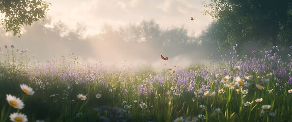 Canvas Print - A field of wildflowers, daisies and bluebells with butterflies in the spring background