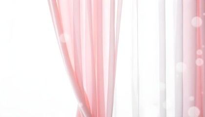 Poster - A delicate pink curtain drapes against a white background, complemented by a soft snowfall design and blurred bokeh, creating an abstract and tranquil atmosphere