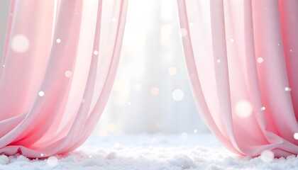 Poster - A delicate pink curtain drapes against a white background, complemented by a soft snowfall design and blurred bokeh, creating an abstract and tranquil atmosphere