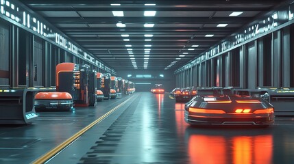 Poster - Futuristic Warehouse with Autonomous Robots for Transporting Goods