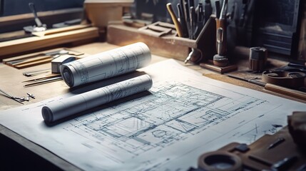 Poster - Detailed Blueprint of a Building Rolled Out on a Desk