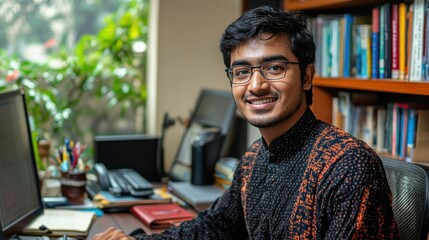 Poster - Young man smiling at a desk with books and plants.
