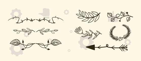 Wall Mural - Hand drawn wreath set made in vector. Leaves and flowers garlands. Romantic floral design elements