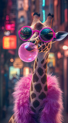 funny fashion portrait of a giraffe (giraffa camelopardalis) with hipster sunglasses over background