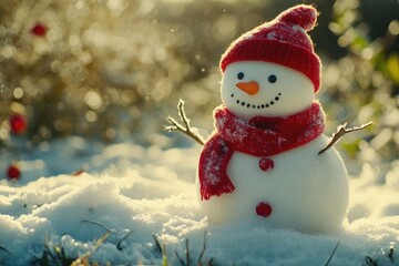 Wall Mural - Snowman in Red Hat and Scarf