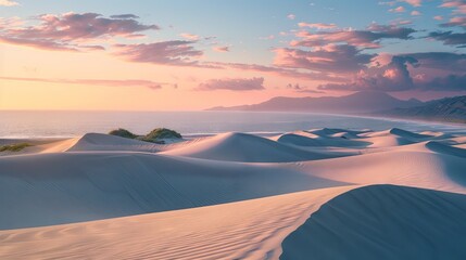 Wall Mural - sweeping golden sand dunes along a tranquil coastline at sunset, featuring vibrant skies and gentle 
