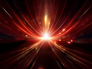 Fototapete - Intense red and orange light streaks converge at a bright central point, suggesting rapid movement and energy.  The dark background enhances the luminous effect.