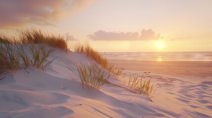 Wall Mural - Sweeping golden sand dunes along a tranquil coastline at sunset, featuring vibrant skies and gentle ocean breezes