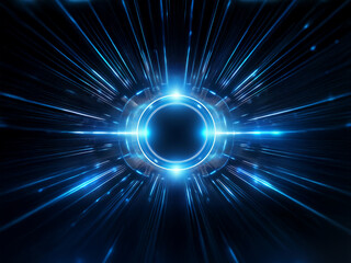 Poster - A mesmerizing abstract image featuring a glowing circular core surrounded by dynamic blue light streaks, radiating outwards against a dark background.  The effect suggests speed, energy, and futuristi