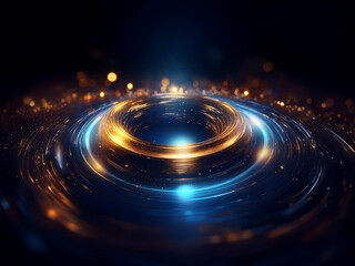 Poster - Glowing ring of gold and blue light, swirling energy, dark background, abstract cosmic scene.  Sparkle, futuristic.