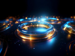 Poster - Glowing metallic rings on a dark, textured surface.  Blue and gold light illuminate the scene, creating a futuristic, abstract feel.  Sparkling particles add depth.